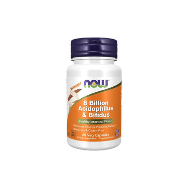 A bottle of Now Foods' 8 Billion Acidophilus & Bifidus 60 Veg Capsules, promoting immune support and healthy intestinal flora, dairy, soy, and gluten-free.